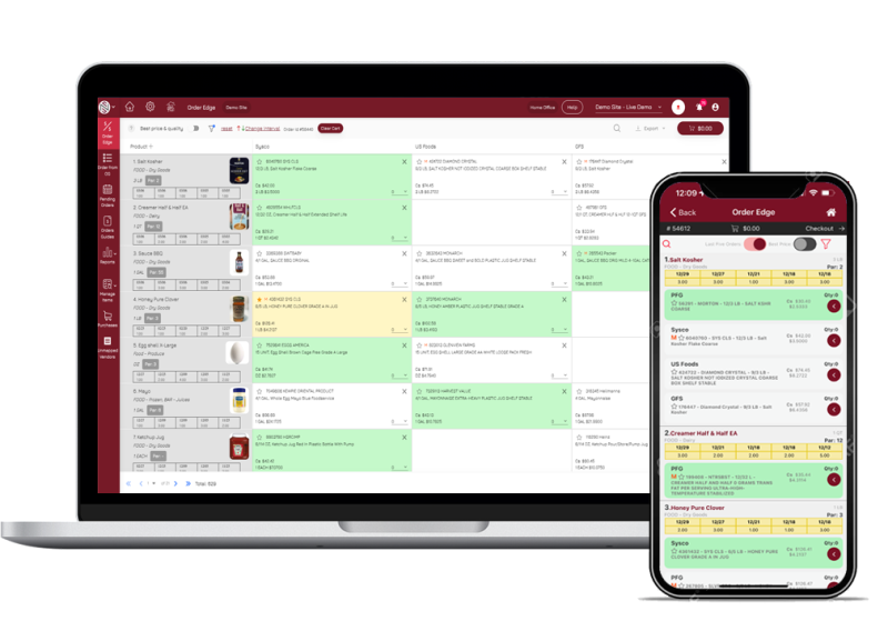 NxtEdge vendor pricing shown on a laptop and mobile ordering app