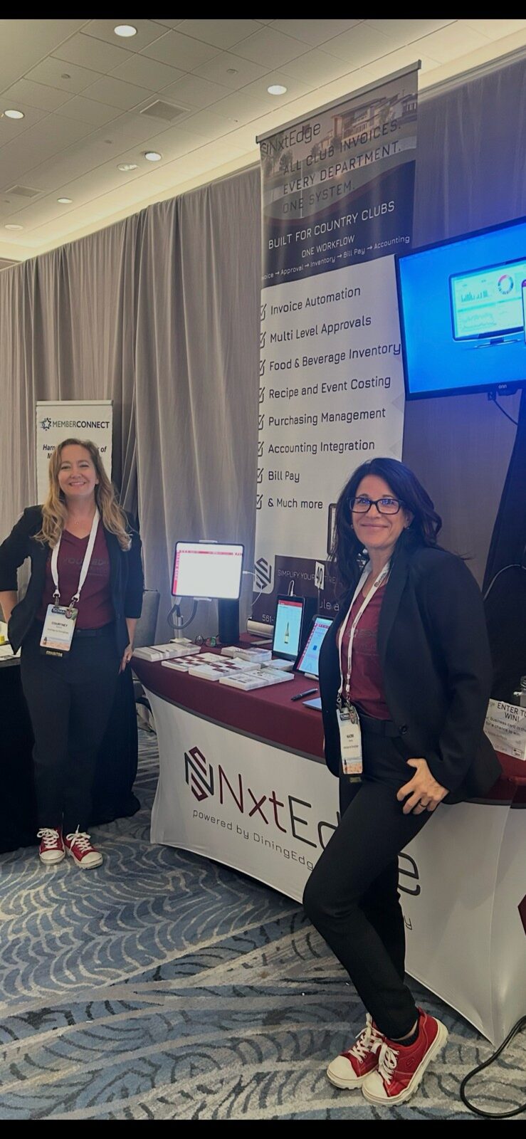Demonstrating NxtEdge connected hospitality platform at the exhibit booth, showcasing invoice automation, inventory management, purchasing, bill pay, and accounting integration
