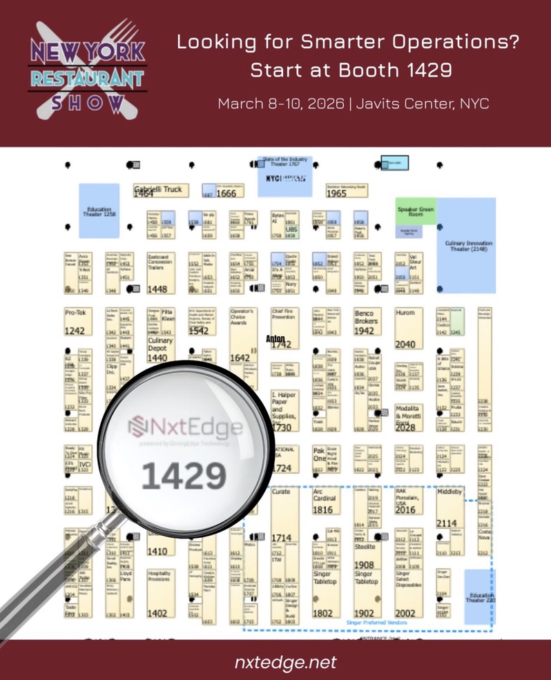 New York Restaurant Show floor map highlighting the NxtEdge booth 1429 at the Javits Center