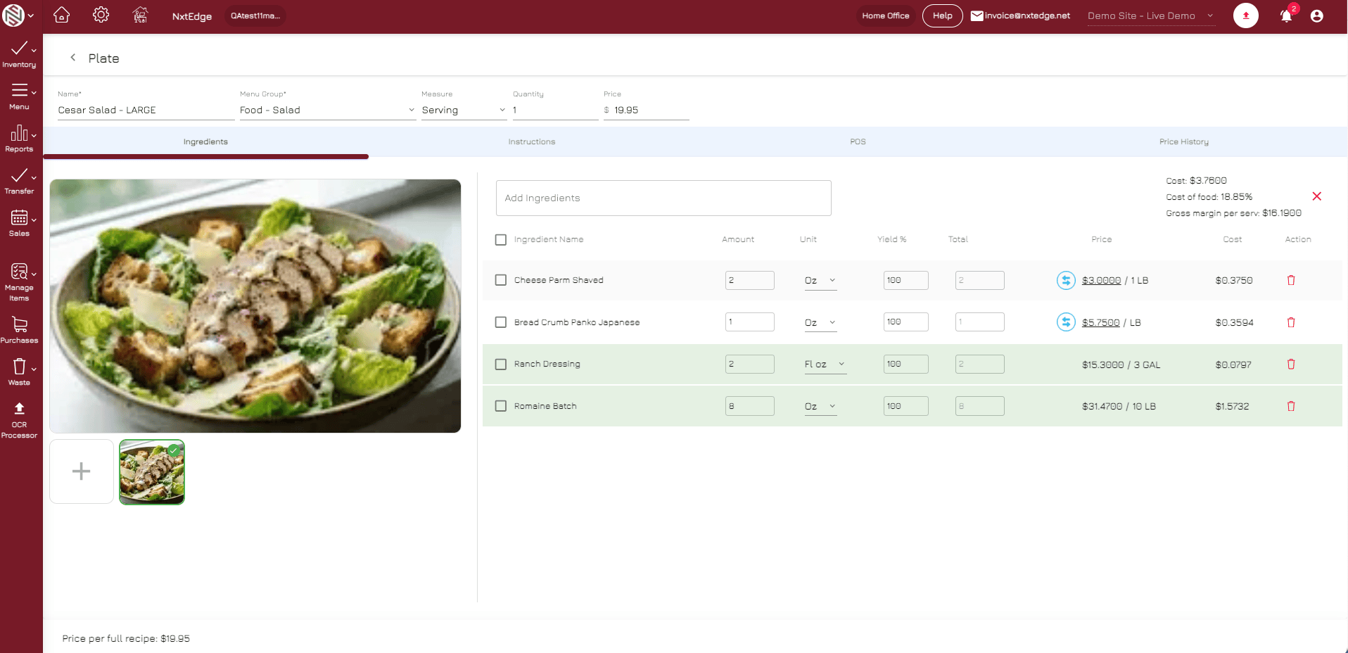Real-Time Recipe Cost Tracking