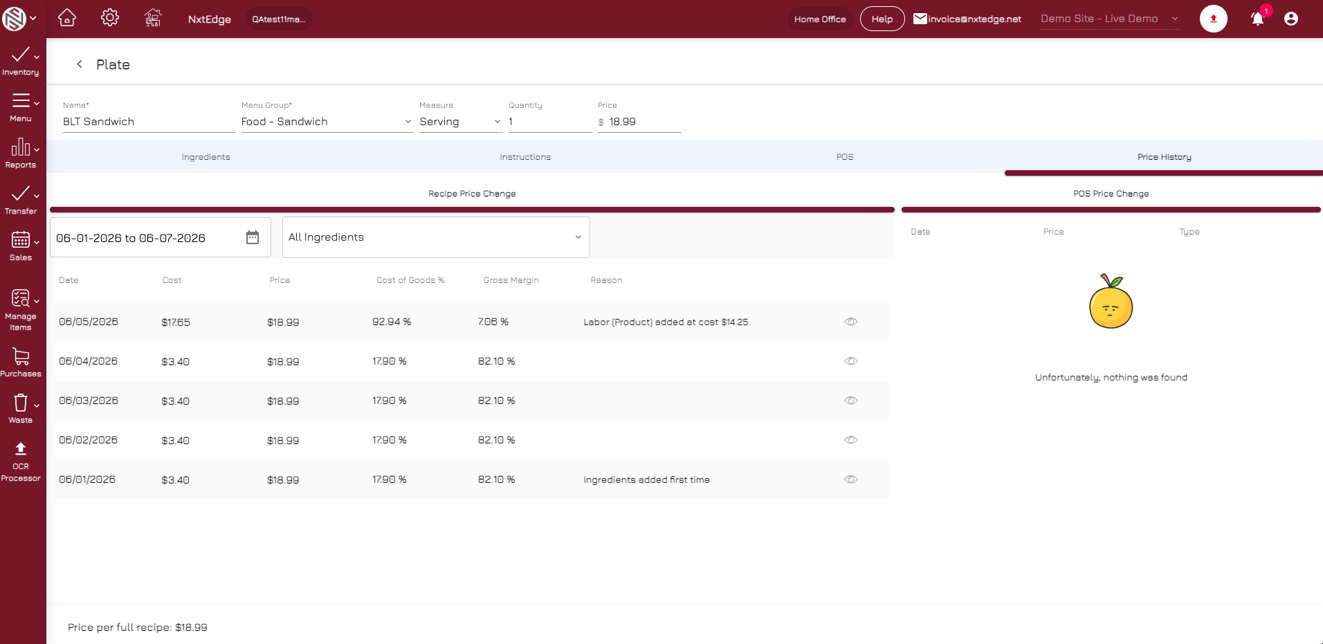 NxtEdge Cost Every Recipe
